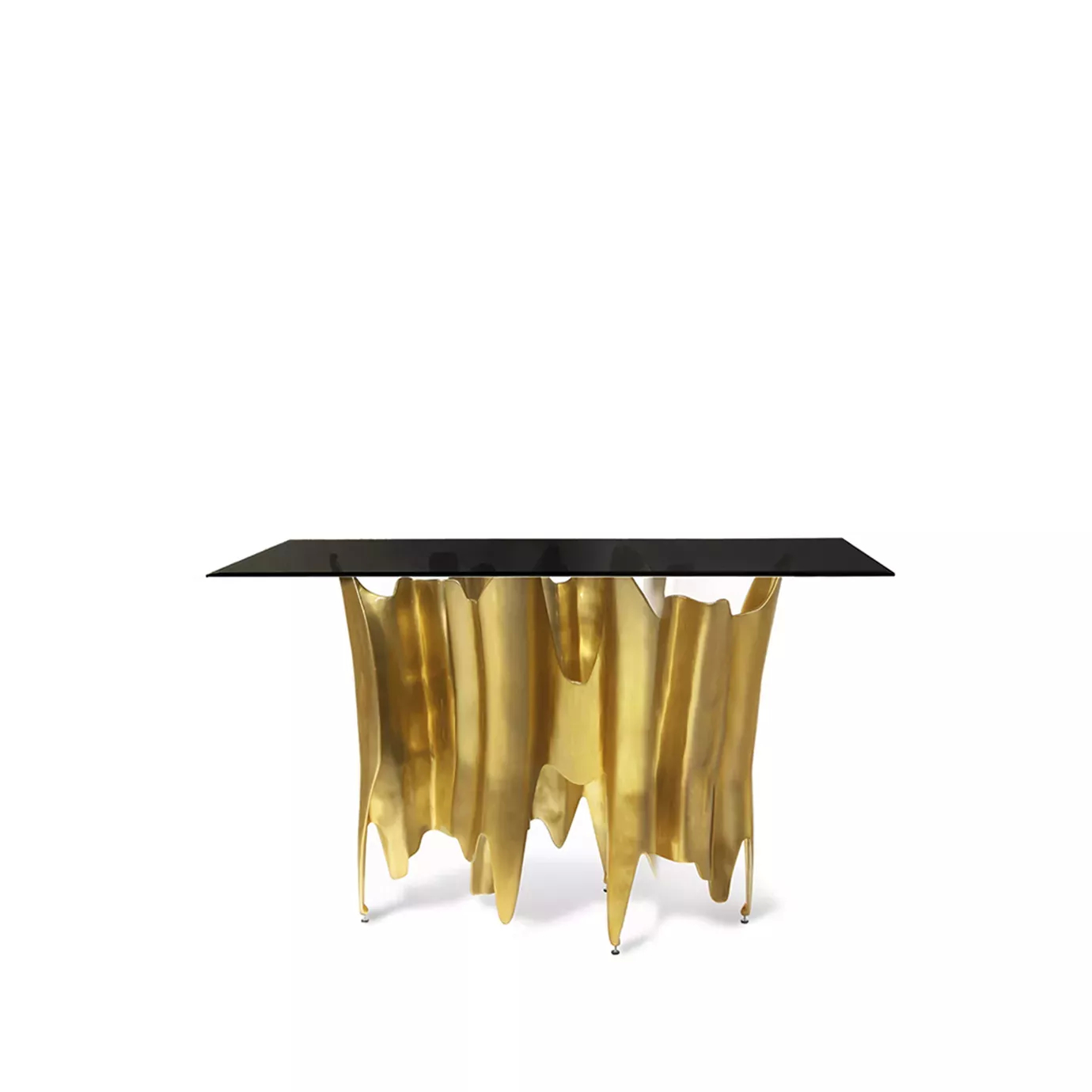 Elegant Obssedia Console with black glass top and sculptural golden base.
