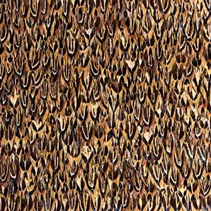 Elegant close-up of the brown, beige, and black-toned organic quail feathers detail, arranged in a dense and intricate overlapping pattern.