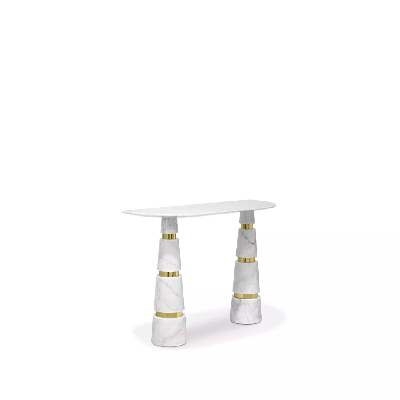 Elegant Avalanche Carrara Marble Console with golden geometric base.
