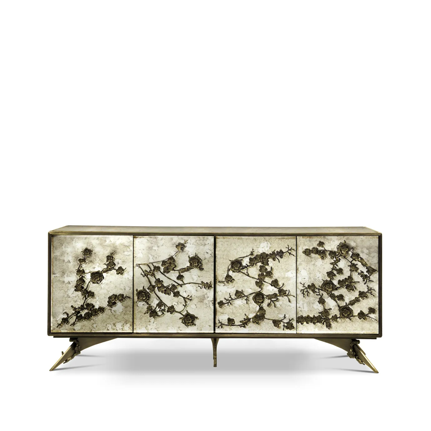 The Spellbound Aged Mirror Cabinet features an elegant golden frame and golden flower-shaped details on its four front doors.