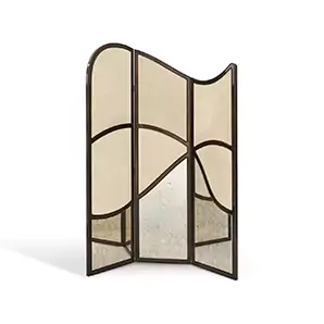 Elegant Simone Fabric Screen with three hinged panels, featuring a combination of beige fabric at the top and aged mirror at the bottom, framed by a curved dark structure.