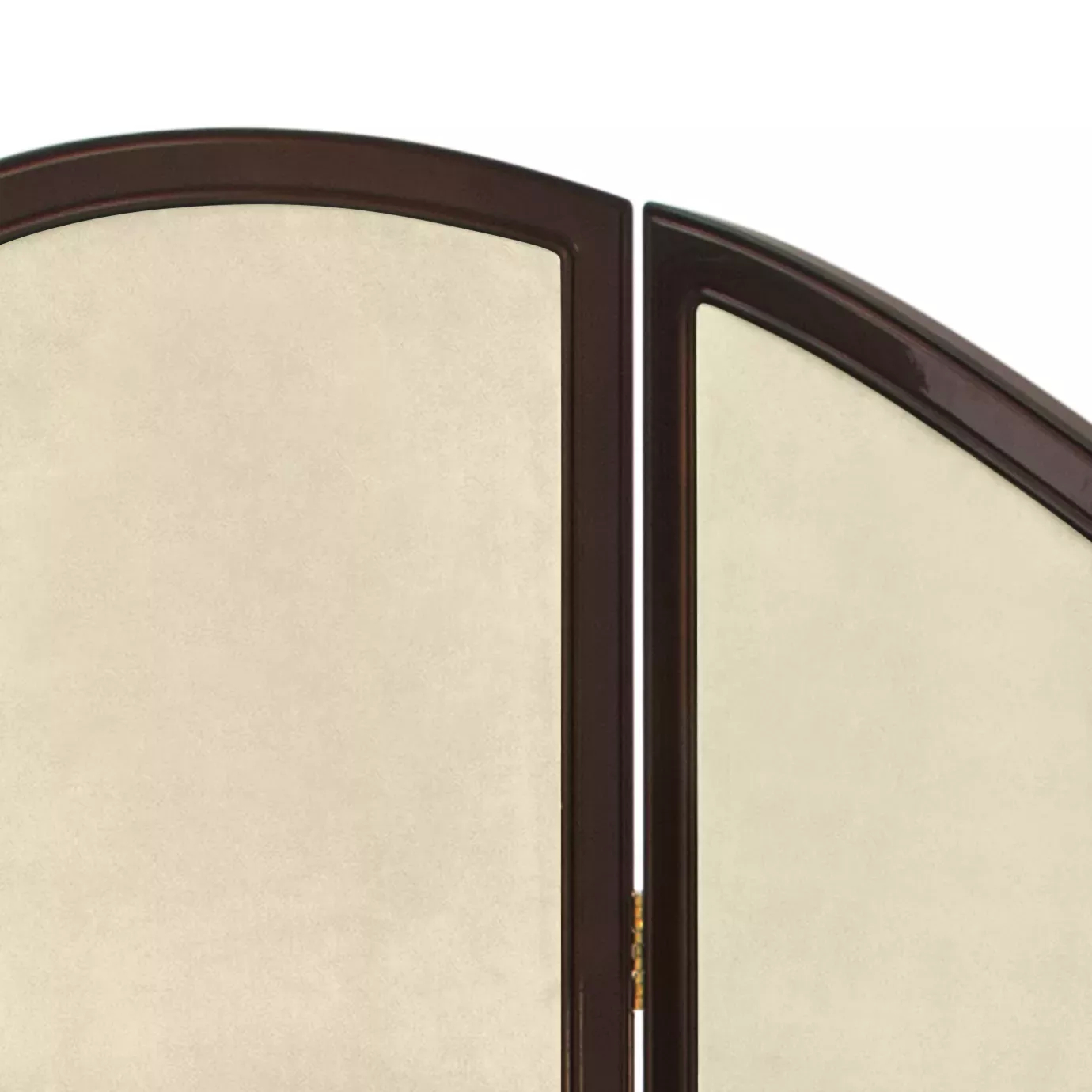 Elegant close-up of the golden hinge detail connecting two panels of the Simone screen, showing the beige fabric sections framed by the curved dark structure at the top.