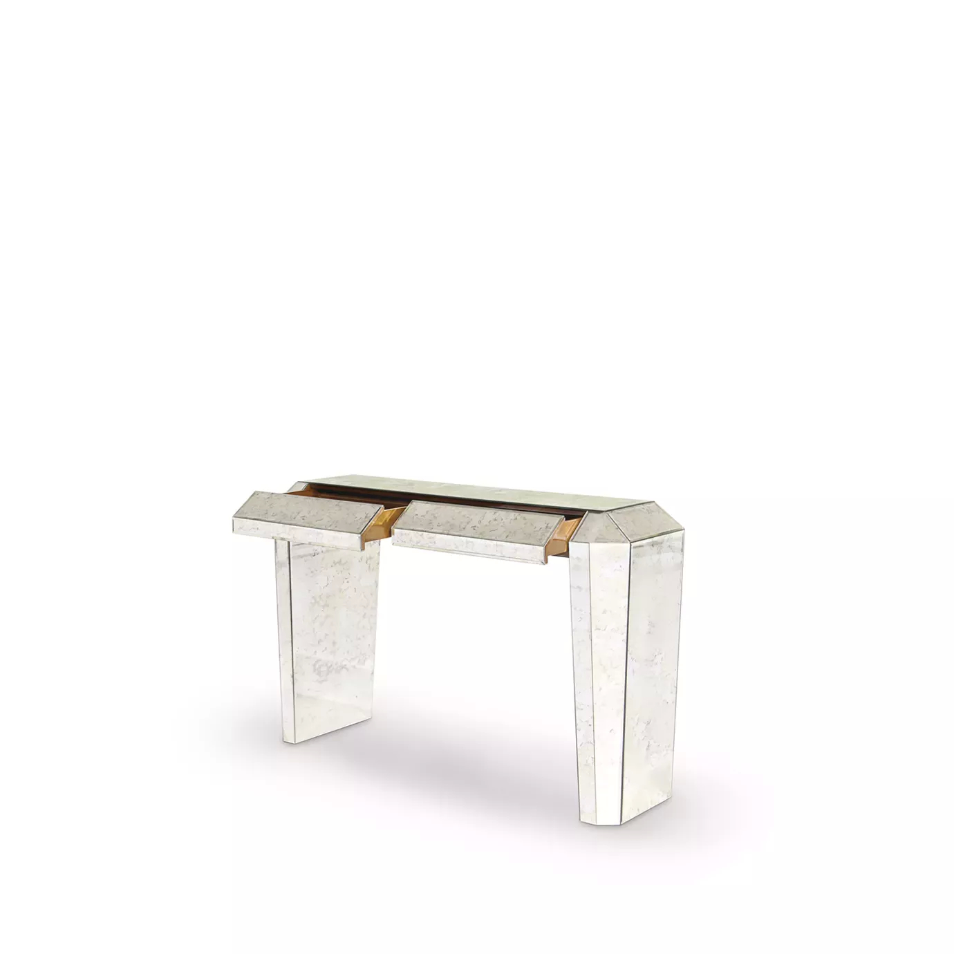 Elegant mirrored Tamara Console with partially open drawers.