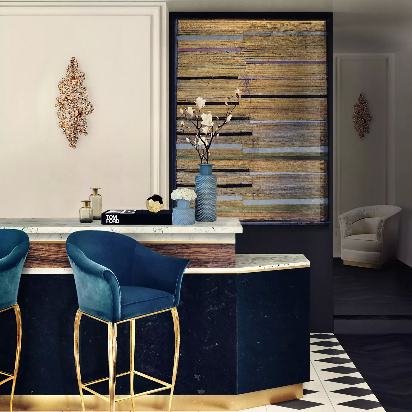 Elegant bar area with two Bar Stools in blue velvet with golden frames, a counter with a light marble top and black base with golden details, adorned with blue vases and decorative objects, and an amber Eternity Sconce on the white wall, against a wall with a textured abstract painting and a black and white geometric patterned floor.