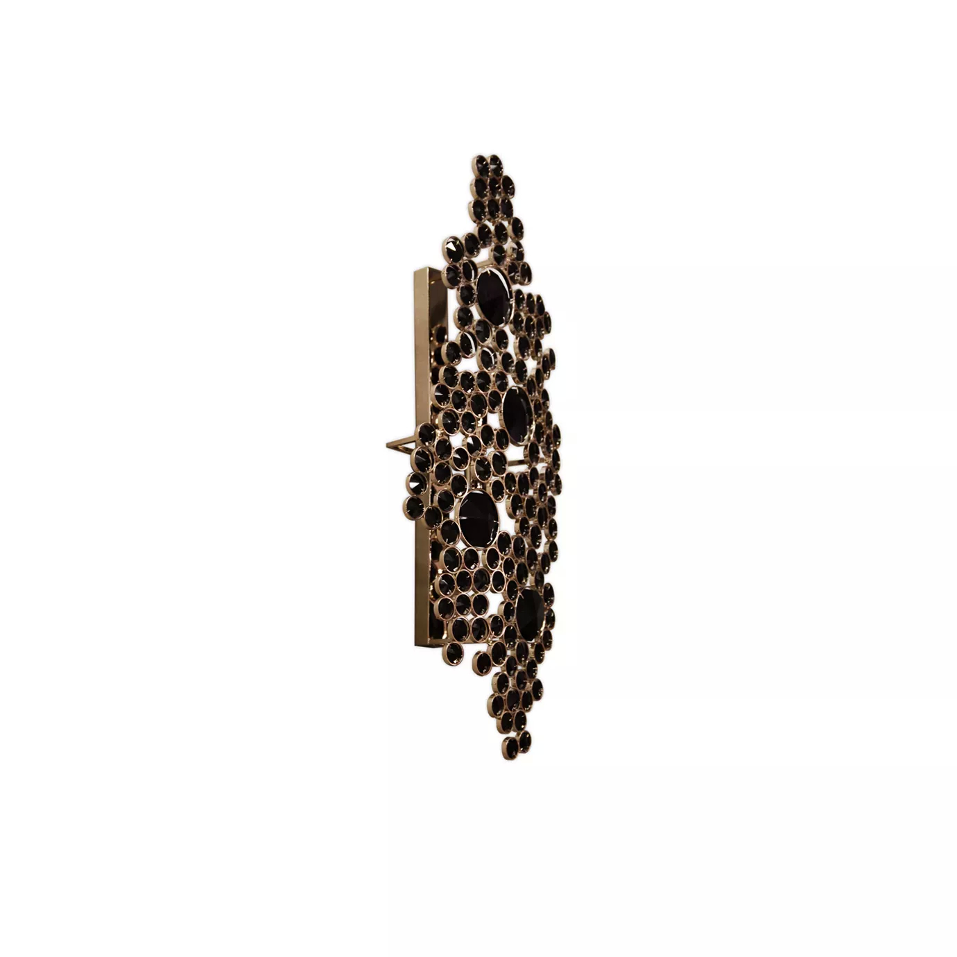 Elegant Eternity Sconce featuring a cascade of black glass pieces in varying sizes on a delicate metallic structure, viewed from a side angle.
