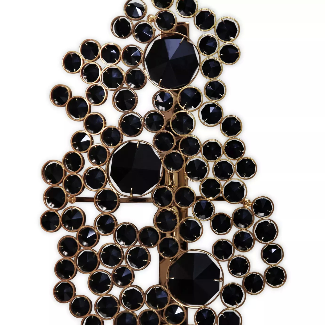 Elegant close-up of the Eternity Sconce detail featuring faceted black glass pieces of varying sizes interconnected by a delicate golden metallic structure.