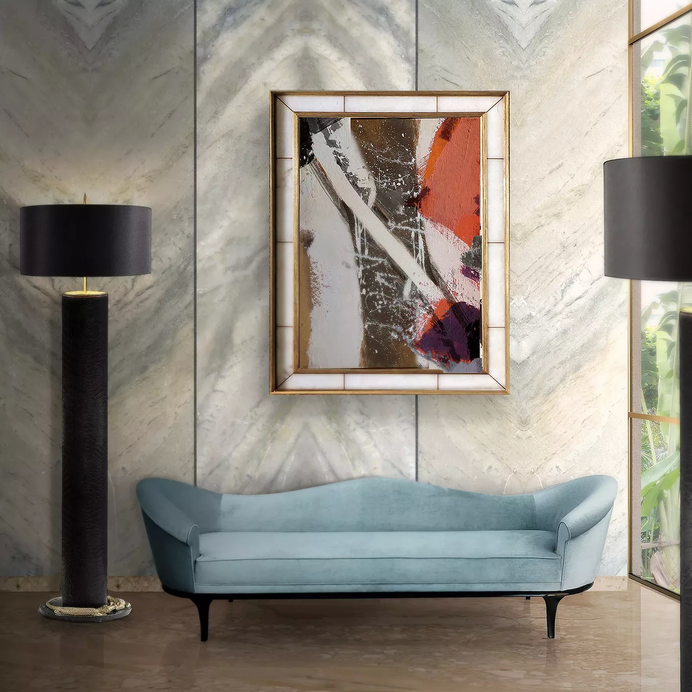 Elegant living room with the Sofa in light blue velvet with black legs, flanked by the black Reptilian Floor Lamp with golden details and a black Cyrus Floor Lamp with golden accents, in front of a marble wall featuring a framed abstract painting with white, gold, orange, and black tones.