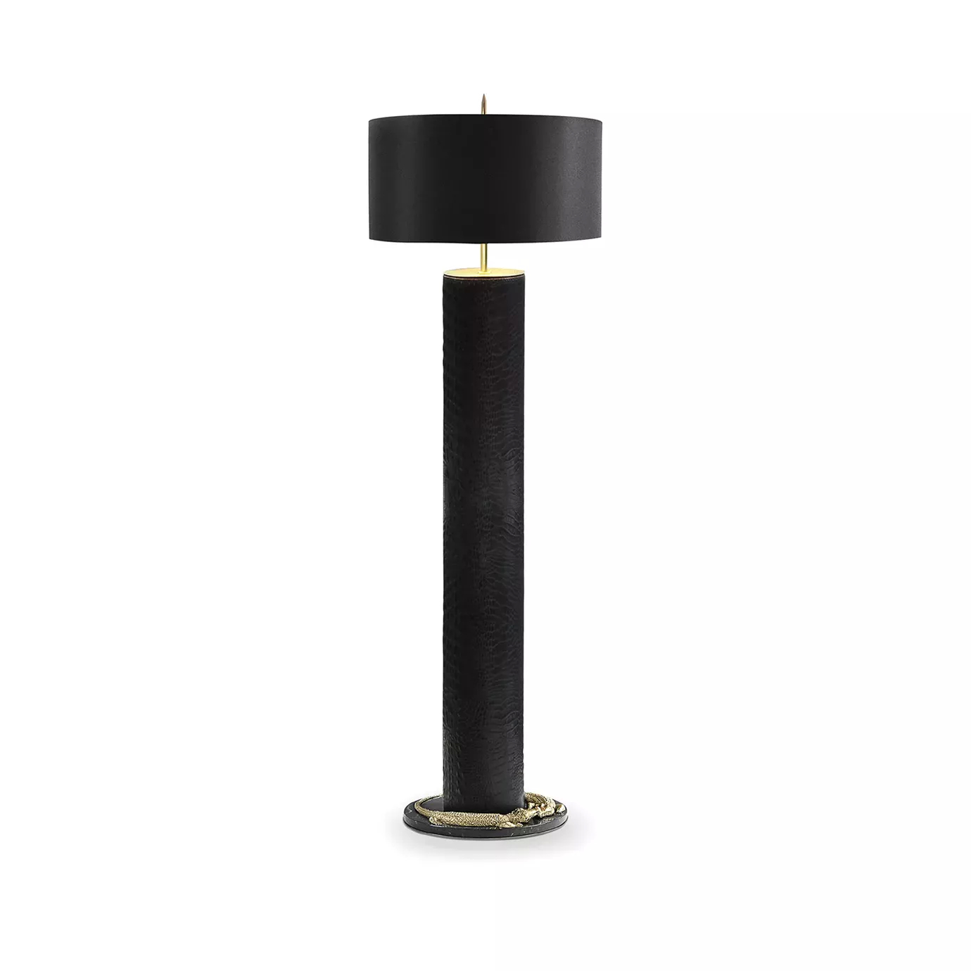 Elegant Reptilian Floor Lamp with a textured black cylindrical base featuring sculptural golden details at the bottom and top, and a black cylindrical lampshade.