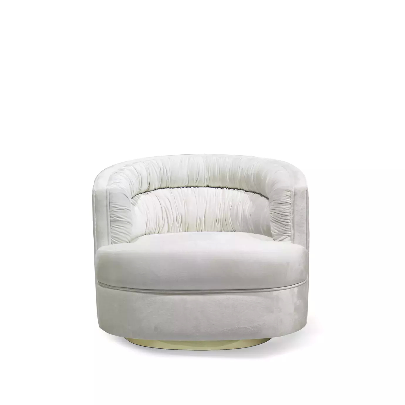 Elegant Cocktail Armchair with a golden metal base and soft white fabric upholstery featuring ruched details on the inner backrest, viewed from the front.