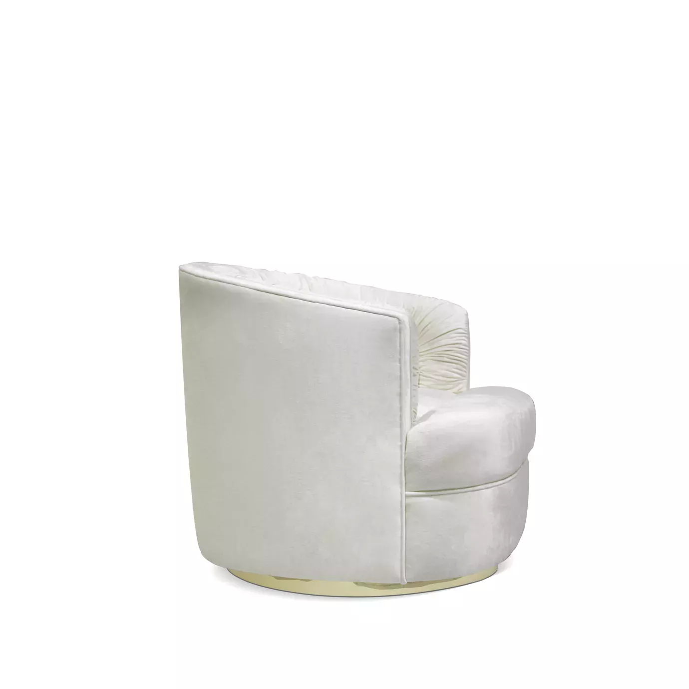 Elegant Cocktail Armchair with a golden metal base and soft white fabric upholstery featuring ruched details on the inner backrest, viewed from the side.