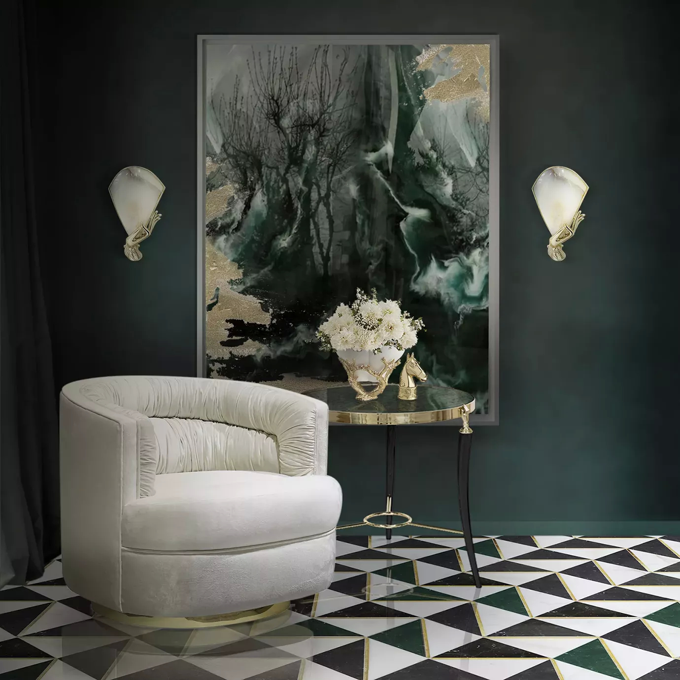 Elegant seating corner with the Cocktail Armchair upholstered in soft white fabric with ruched details on the inner backrest and a golden metal base, next to a Stella Side Table with a round glass top, golden details, and black legs, adorned with a vase of white flowers and a golden sculpture, in front of a dark green wall featuring an abstract painting in shades of green, black, and gold, flanked by two white and gold McQueen Wall Lamps, on a floor with a geometric black, white, and green pattern.
