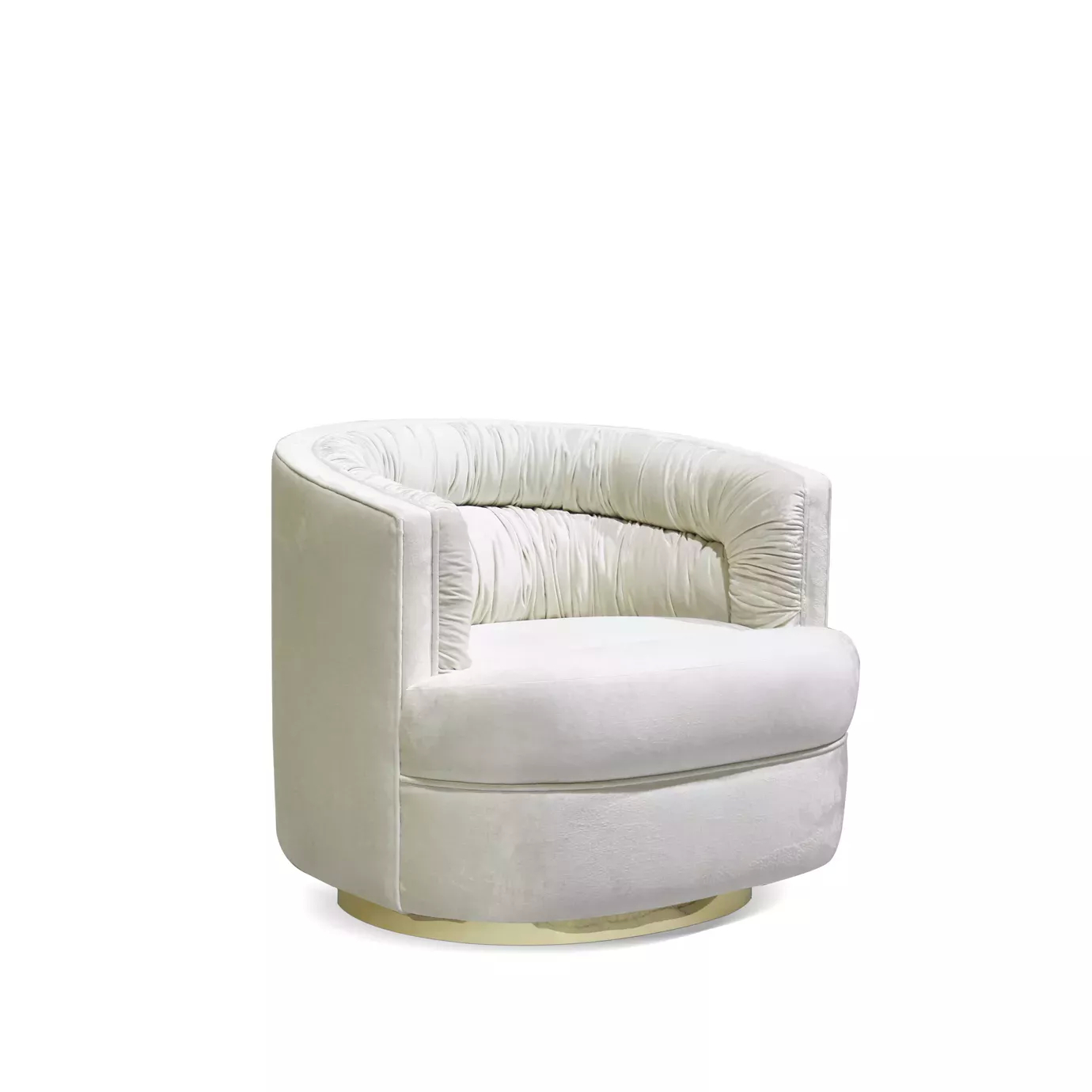 Elegant Cocktail Armchair with a golden metal base and soft white fabric upholstery featuring ruched details on the inner backrest.