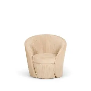 Elegant Bloom Armchair with soft beige fabric upholstery and a rounded design featuring vertical pleated details on the backrest and base.