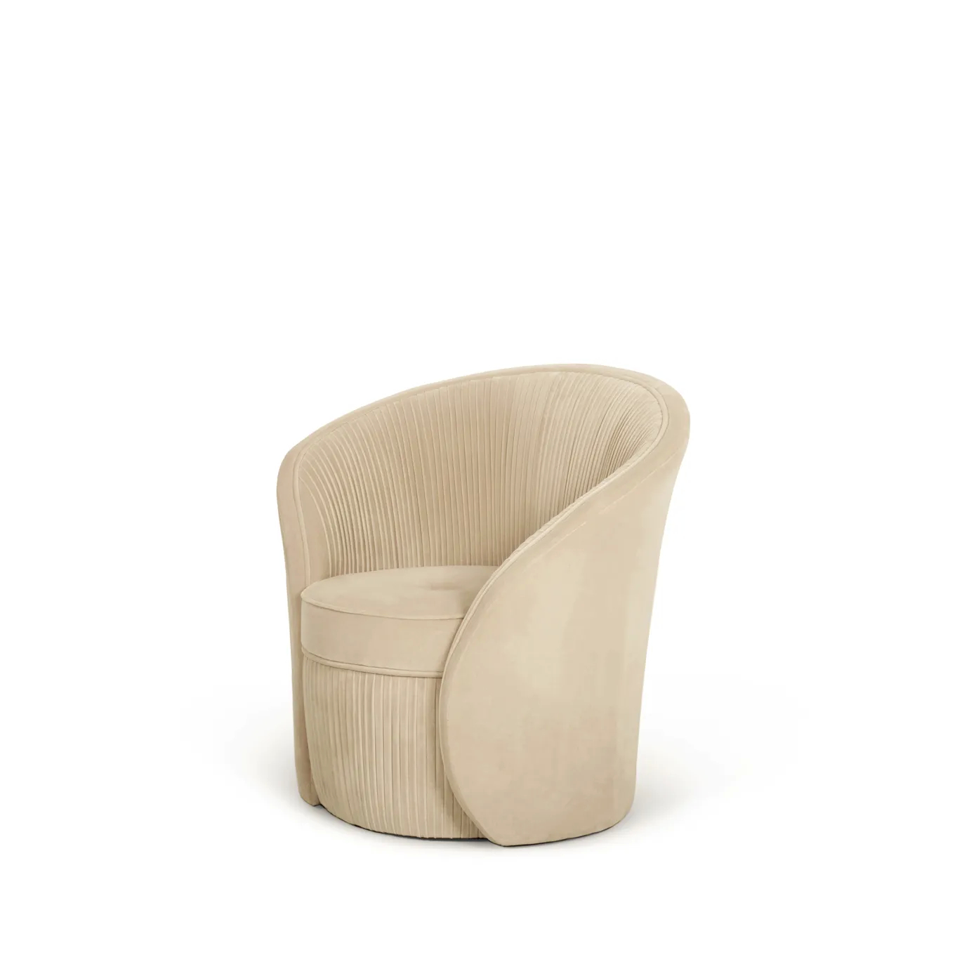 Elegant Bloom Armchair with soft beige fabric upholstery and a rounded design featuring vertical pleated details on the backrest and base, viewed from a slightly side angle.