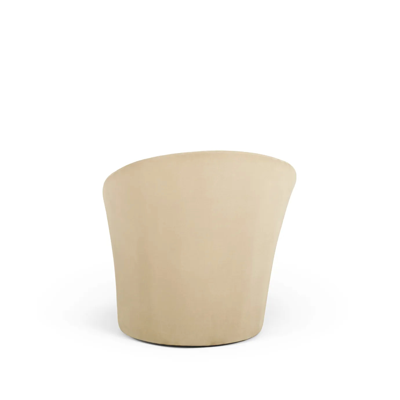 Elegant Bloom Armchair with soft beige fabric upholstery and a rounded design, viewed from the back.