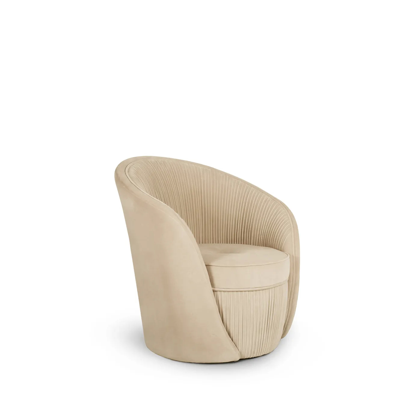 Elegant Bloom Armchair with soft beige fabric upholstery and a rounded design featuring vertical pleated details on the backrest and base, viewed from a slightly frontal side angle.