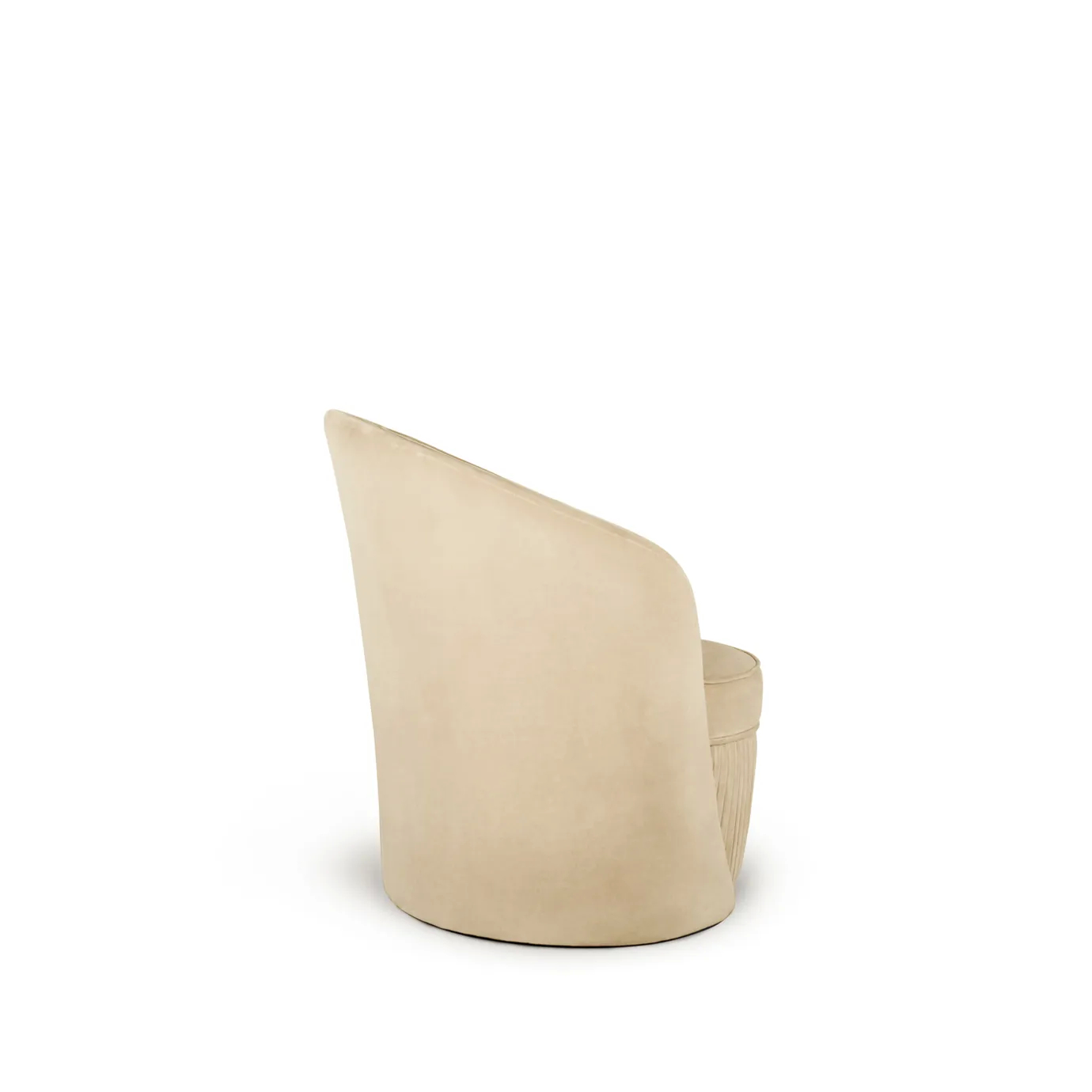 Elegant Bloom Armchair with soft beige fabric upholstery and a rounded design featuring vertical pleated details on the base, viewed from the back and side.