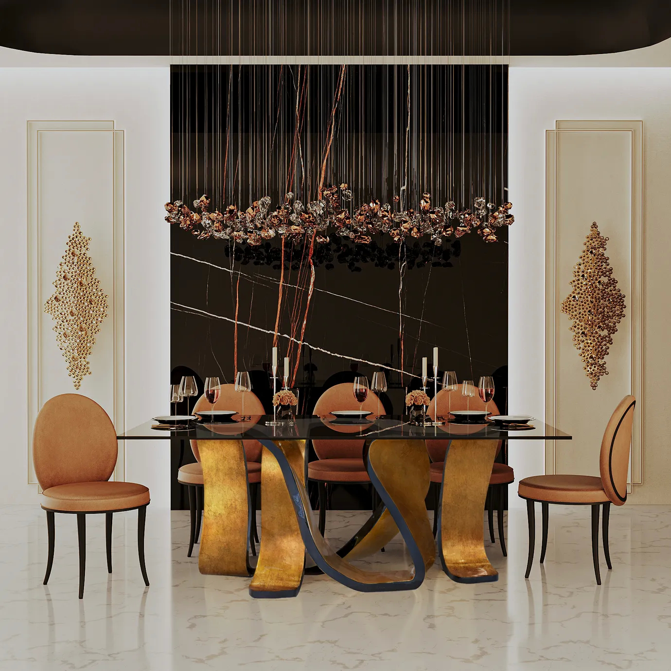 Elegant Ribbon Broken Gold Leaf Dining Table with Merveille chairs in a luxurious dining room.