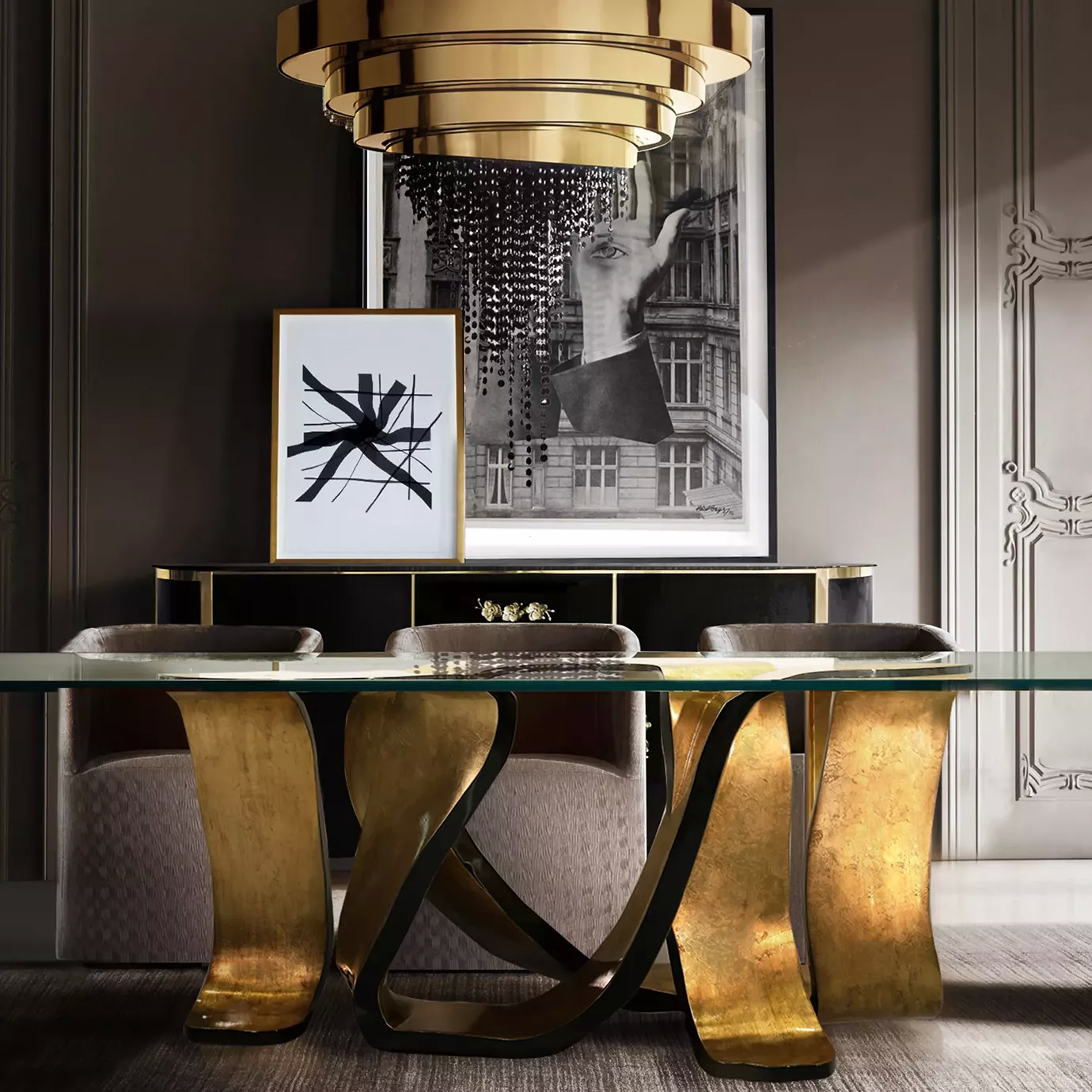 Elegant Ribbon Broken Gold Leaf Dining Table with soft chairs in a modern and sophisticated dining room.