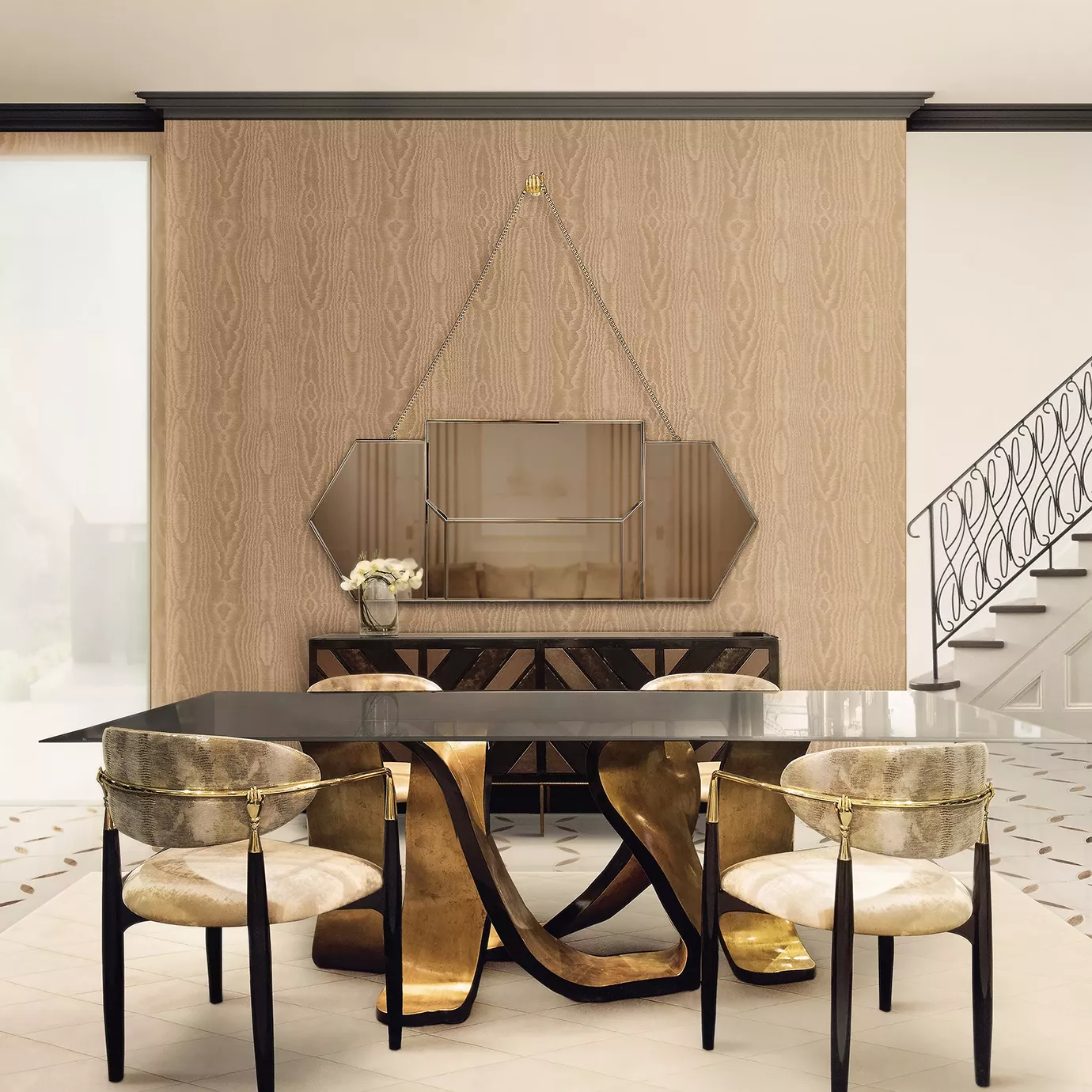 Elegant Reece Gold Dining Table with luxurious chairs in a modern dining room.