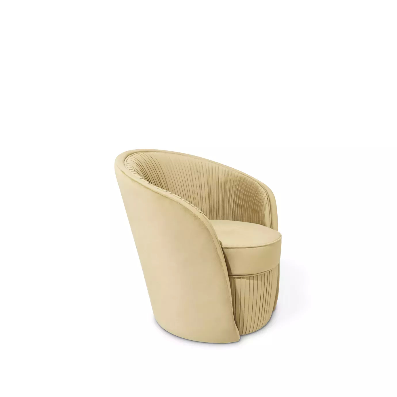 Elegant Bloom II Armchair with soft beige fabric upholstery and a rounded design featuring vertical pleated details on the backrest and base, viewed from a slightly frontal side angle.