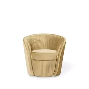 Elegant Bloom II Armchair with soft beige fabric upholstery and a rounded design featuring vertical pleated details on the backrest and base, viewed from the front.