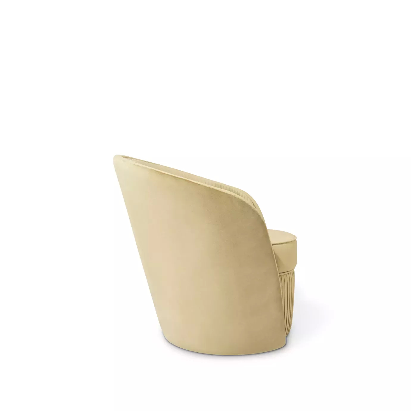 Elegant Bloom II Armchair with soft beige fabric upholstery and a rounded design featuring vertical pleated details on the base, viewed from the back and side.