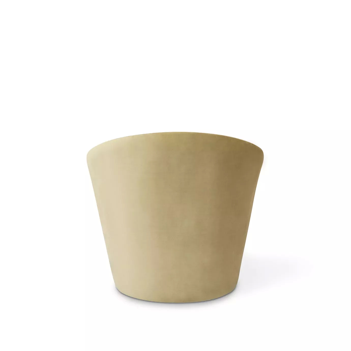 Elegant Bloom II Armchair with soft beige fabric upholstery and a rounded design, viewed from the back.