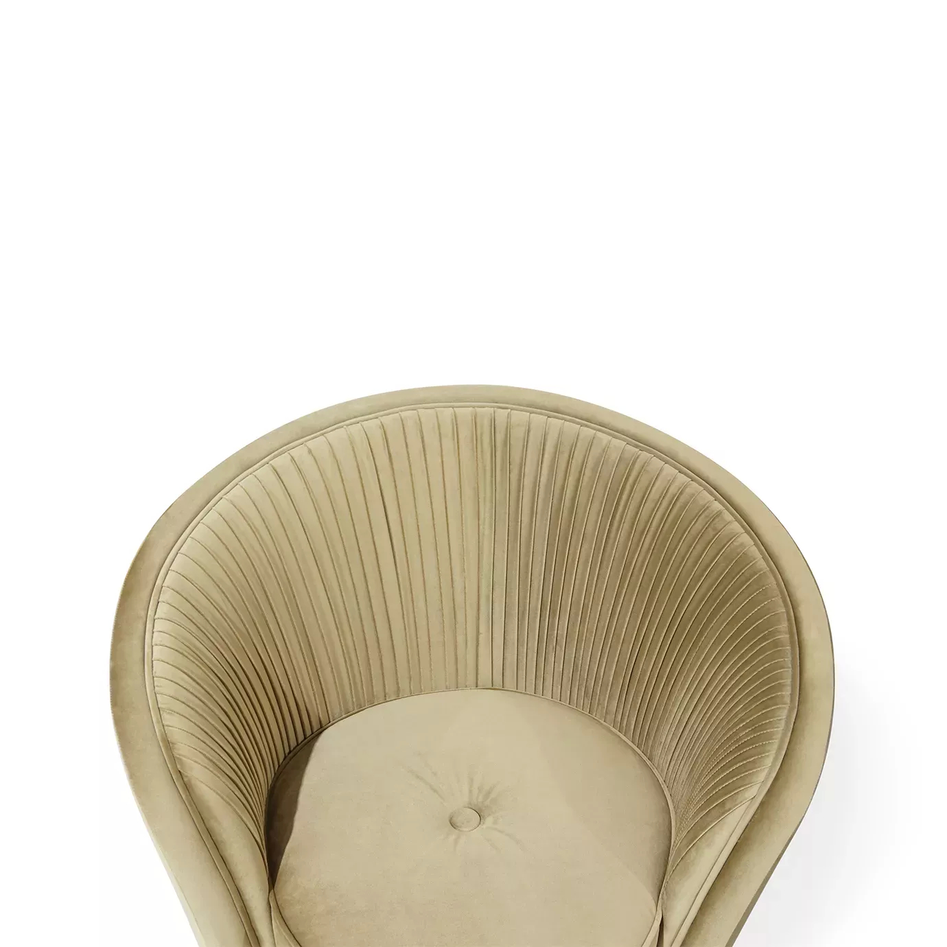 Elegant top-down view of the Bloom II Armchair with soft beige fabric upholstery and a rounded design featuring vertical pleated details on the backrest and base.