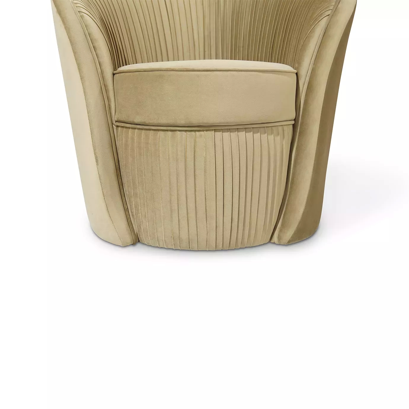Elegant close-up of the lower part of the Bloom II Armchair with soft beige fabric upholstery and vertical pleated details on the base.