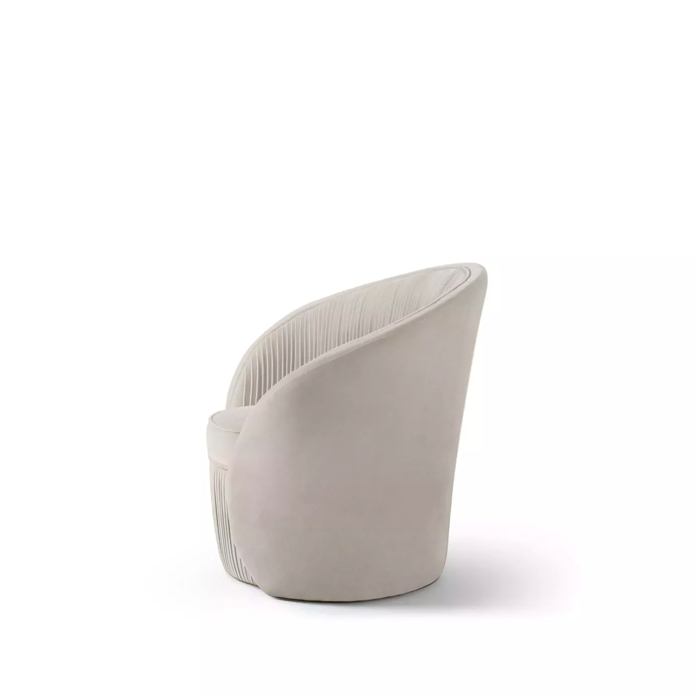 Elegant Bloom III Armchair with soft beige fabric upholstery and a rounded design featuring vertical pleated details on the backrest and base, viewed from the side.