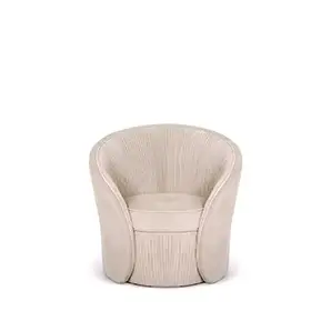 Elegant Bloom III Armchair with soft beige fabric upholstery and a rounded design featuring vertical pleated details on the backrest and base, viewed from the front.
