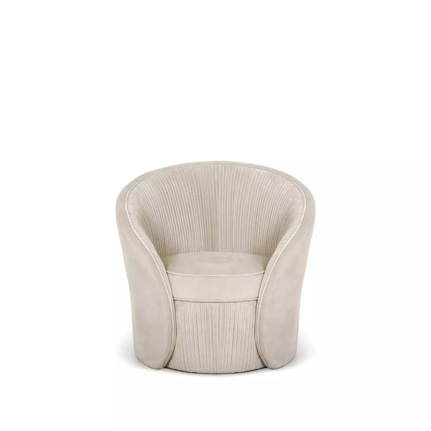 Elegant Bloom III Armchair with soft beige fabric upholstery and a rounded design featuring vertical pleated details on the backrest and base, viewed from the front.