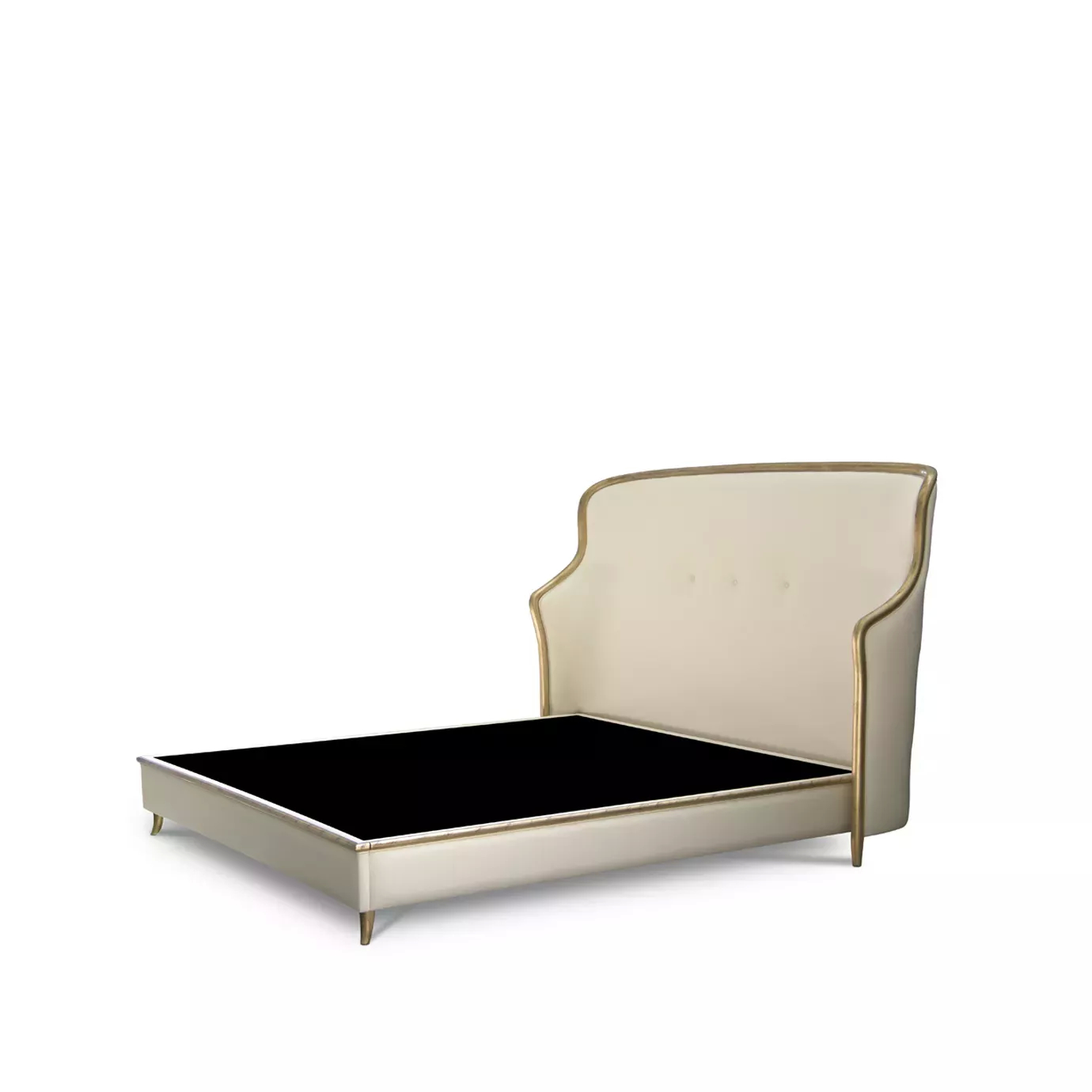 Elegant Forbidden Plain Bed with a headboard and frame upholstered in light beige fabric with golden trim along the edges, viewed from an angle showing the black base for the mattress.