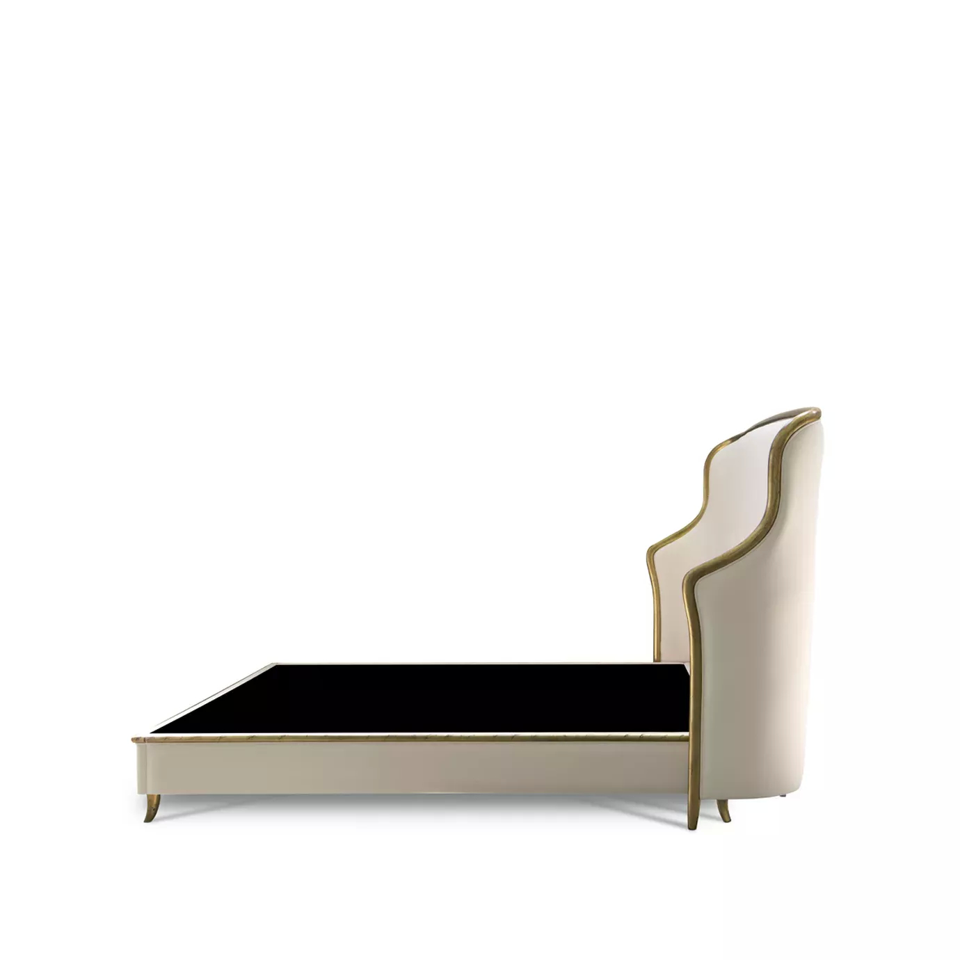 Elegant Forbidden Plain Bed with a headboard and frame upholstered in light beige fabric with golden trim along the edges, viewed from the side showing the black base for the mattress.