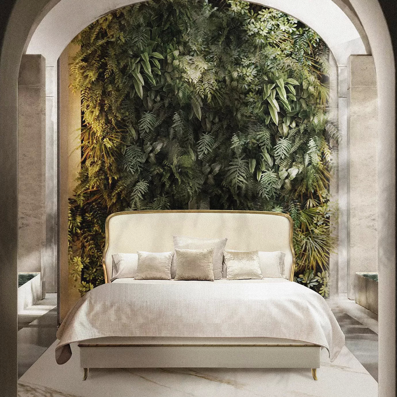 Elegant bedroom with the Forbidden Plain Bed featuring a light beige fabric upholstered headboard and frame with golden accents, adorned with cushions in beige tones and a textured white blanket, in front of a lush vertical garden set within an arched alcove with light stone walls and a white marble floor with grey veins.