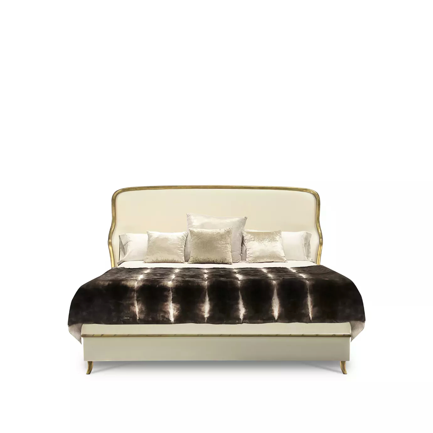 Elegant Forbidden Plain Bed with a headboard and frame upholstered in light beige fabric with golden trim along the edges, adorned with cushions in beige tones and a brown faux fur throw.