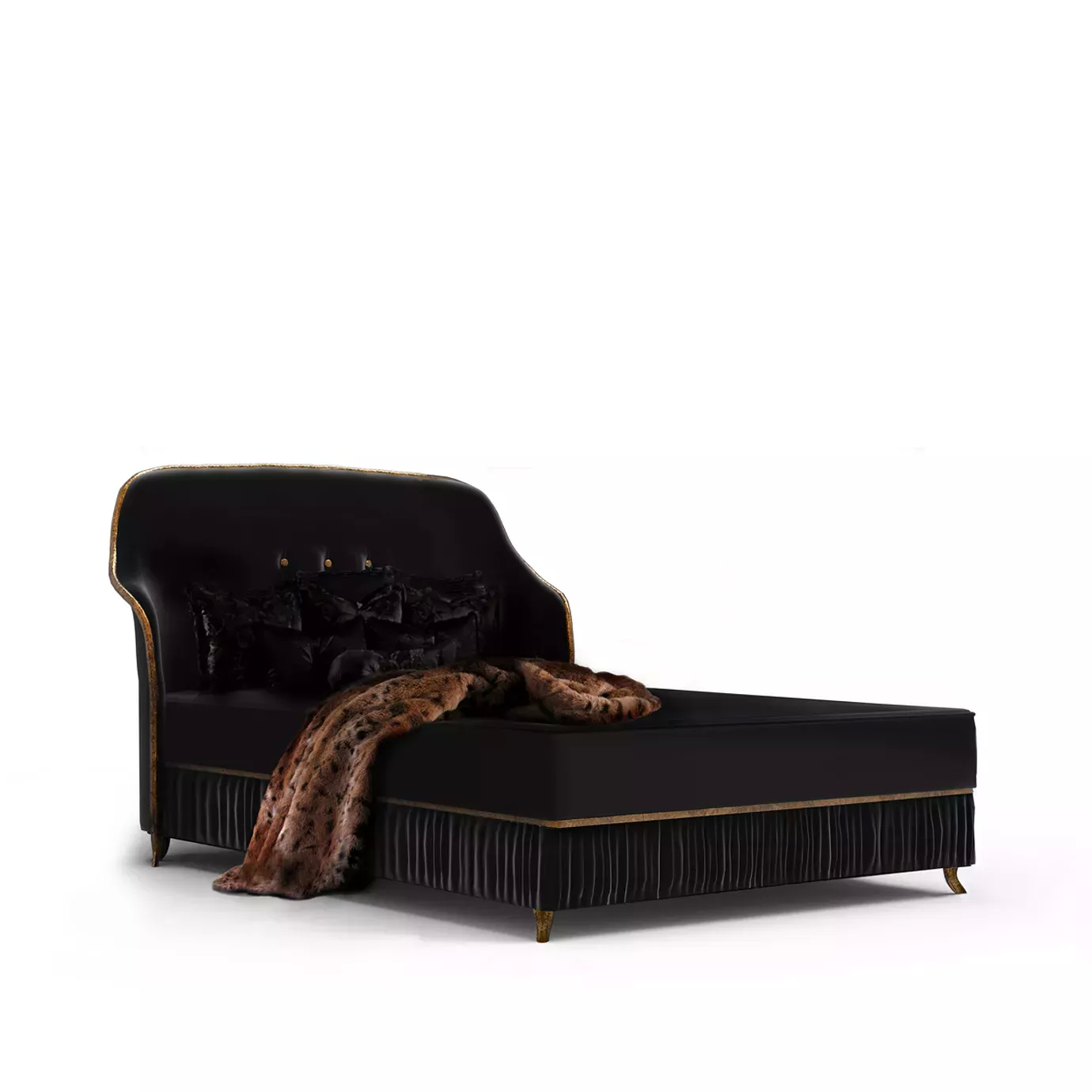 Elegant Forbidden Plissé Bed with a headboard and frame upholstered in soft black fabric with golden trim along the edges, adorned with black cushions and a pleated detail on the base, with a brown faux fur throw draped over it.