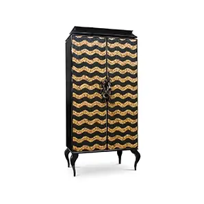 Elegant Divine Peacock & Pheasant Armoire with two doors adorned with a wavy pattern in black and gold tones with caramel feather details, a black frame with golden accents, and curved black legs.