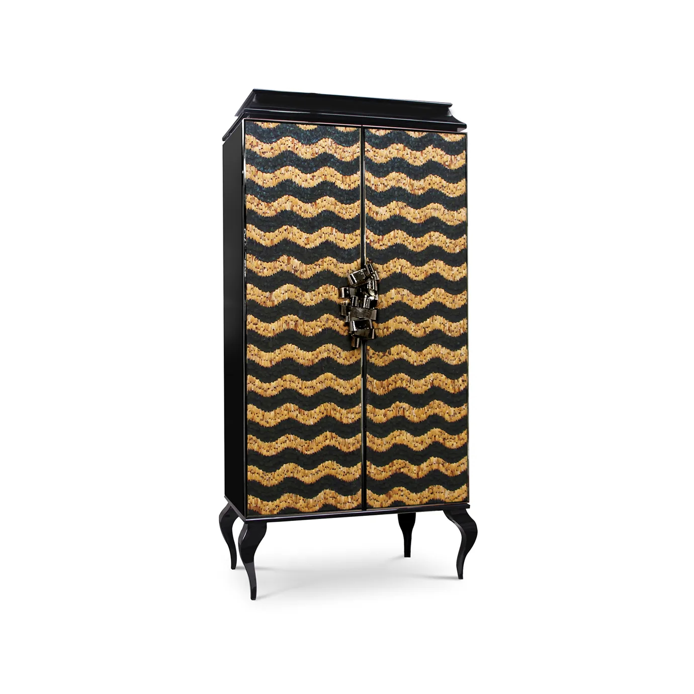 Elegant Divine Peacock & Pheasant Armoire with two doors adorned with a wavy pattern in black and gold tones with caramel feather details, a black frame with golden accents, and curved black legs.