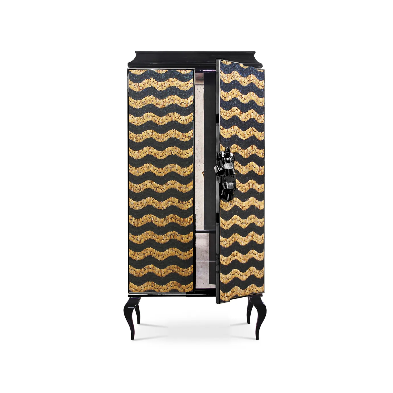 Elegant Divine Peacock & Pheasant Armoire with two partially opened doors, adorned with a wavy pattern in black and gold tones with caramel feather details, a black frame with golden accents, and curved black legs, revealing the interior.