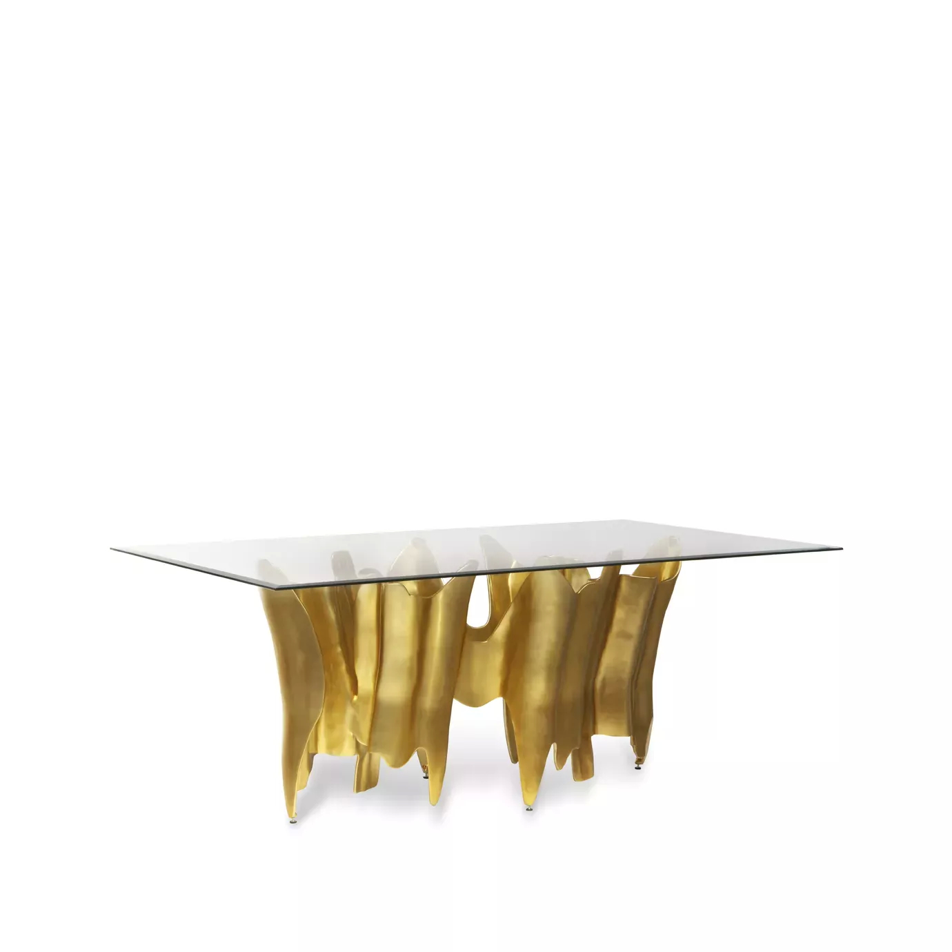Elegant Obssedia Dining Table with clear glass top and sculptural golden base.