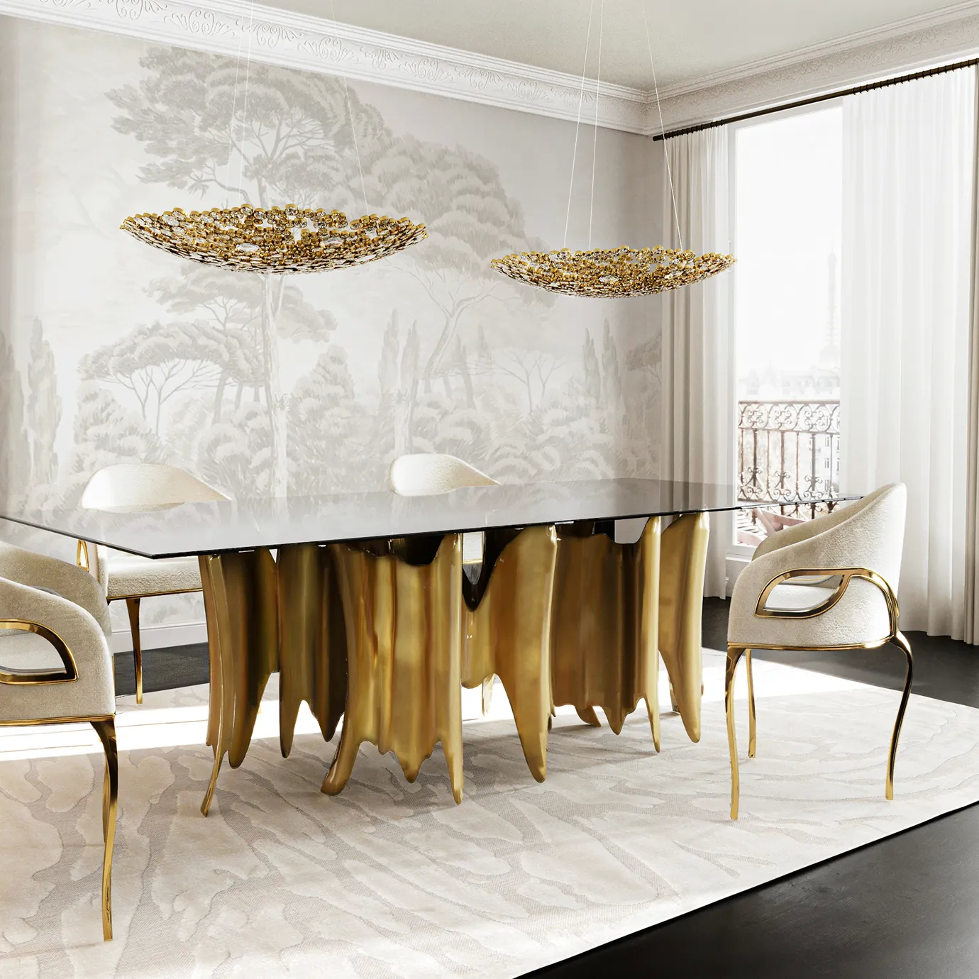 Elegant Obssedia Dining Table with soft chandra chairs in a bright and modern dining room.