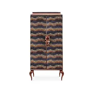 Elegant Divine Peacock & Pheasant Armoire with two doors adorned with a wavy pattern in shades of purple, blue, and gold with purple feather details, a dark wood-toned frame with golden accents, and curved wood-toned legs.