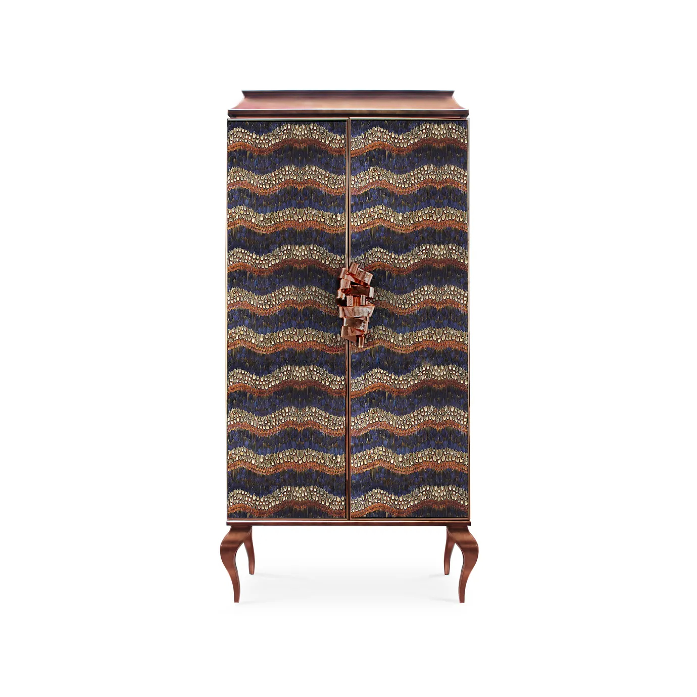 Elegant Divine Peacock & Pheasant Armoire with two doors adorned with a wavy pattern in shades of purple, blue, and gold with purple feather details, a dark wood-toned frame with golden accents, and curved wood-toned legs.