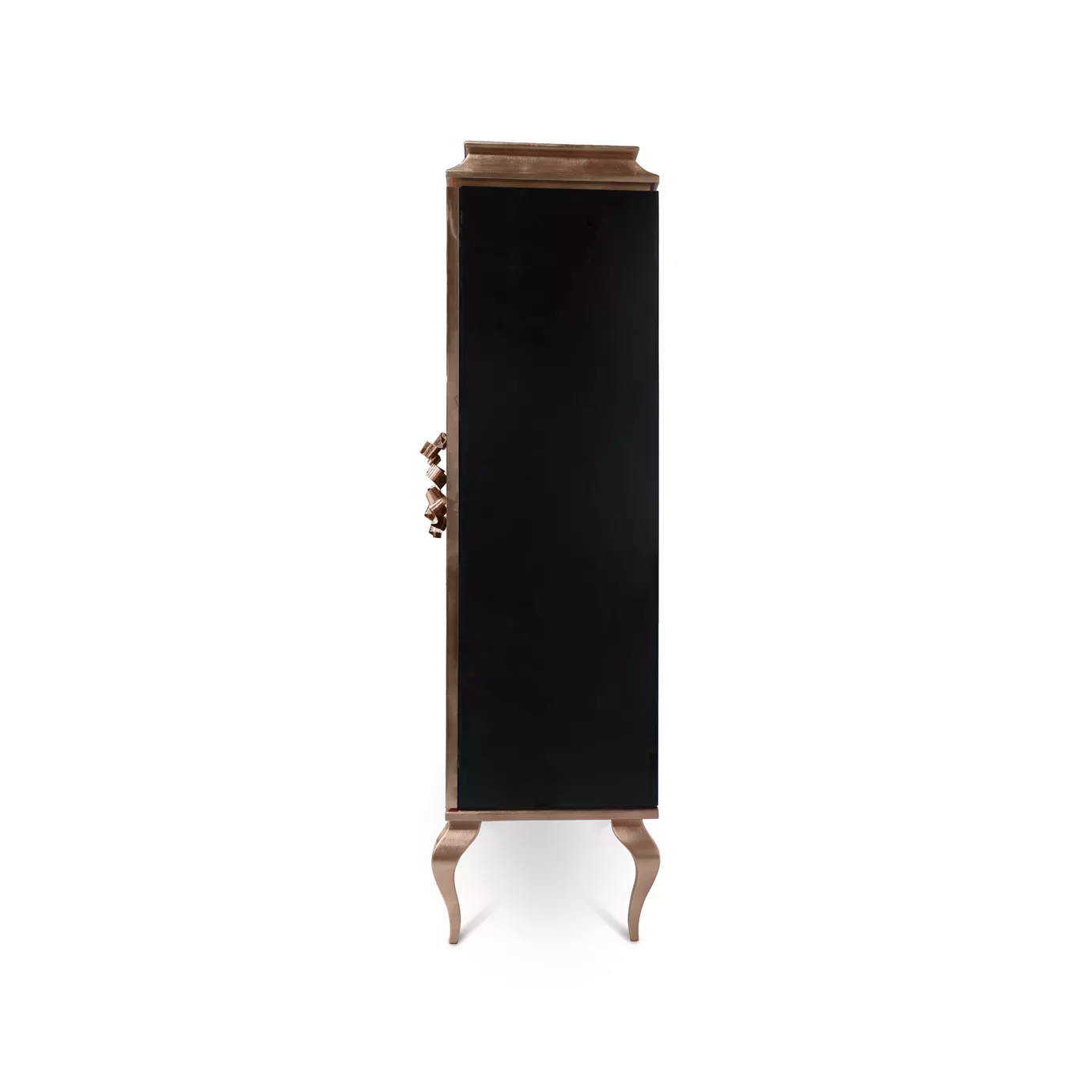 Lateral view of the Divine Peacock Organic Feather Armoire, demonstrating the copper frame and black structure.