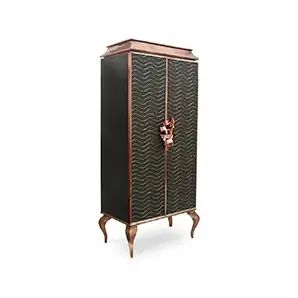 Elegant Divine Peacock Organic Armoire with two doors adorned with an organic wavy pattern in dark green and gold tones, an aged copper-toned frame, and curved legs in the same tone.