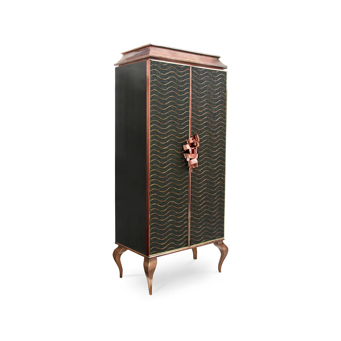 Elegant Divine Peacock Organic Armoire with two doors adorned with an organic wavy pattern in dark green and gold tones, an aged copper-toned frame, and curved legs in the same tone.