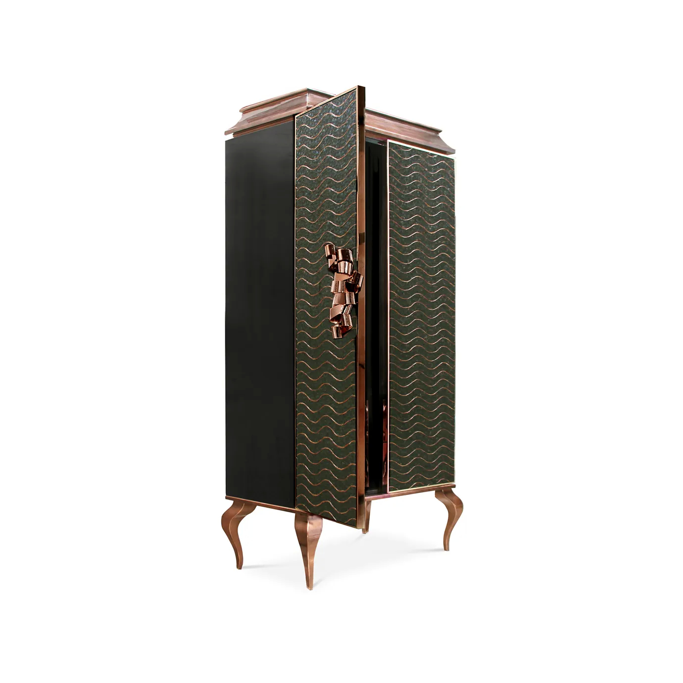 Elegant Divine Peacock Organic Armoire with two partially opened doors, adorned with an organic wavy pattern in dark green and gold tones, an aged copper-toned frame, and curved legs in the same tone, revealing the interior.