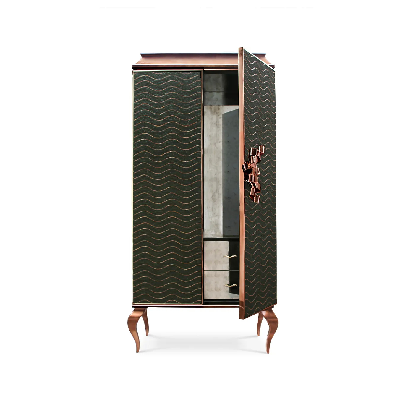 Elegant Divine Peacock Organic Armoire with two partially opened doors, adorned with an organic wavy pattern in dark green and gold tones, an aged copper-toned frame, and curved legs in the same tone, revealing drawers and shelves inside.